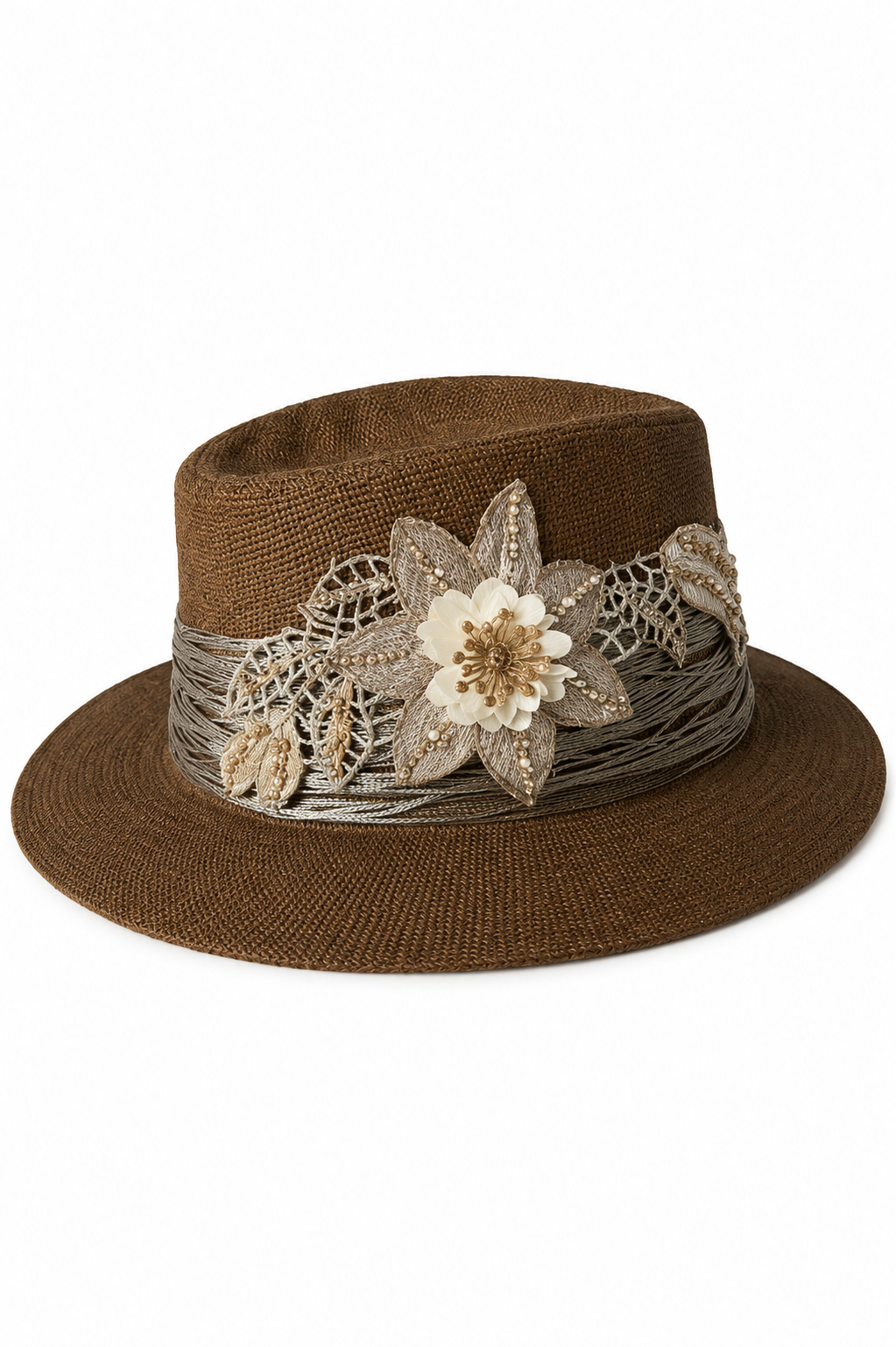 🌟 Handmade Brown Hat with Golden Embellishment Big Flower