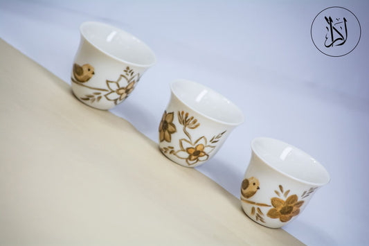 Bird & Flower Gold Accents – Arabic Coffee Cups (Set of 6)