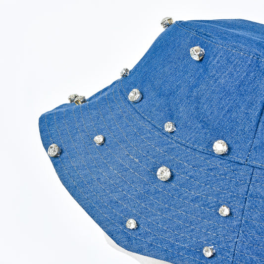 Light Blue Denim Fisherman Hat with Rhinestones