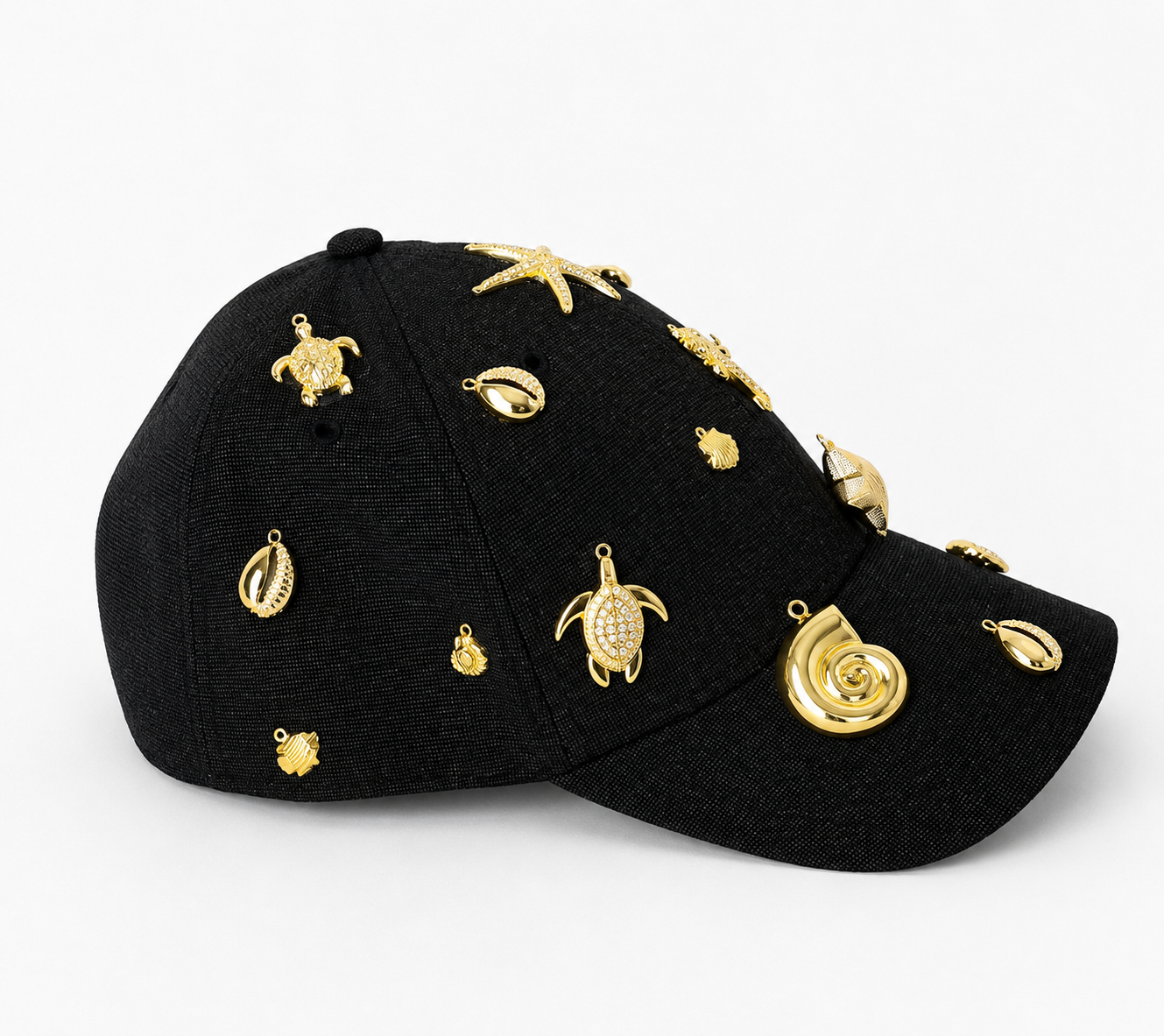 🖤 Handmade Black Cap – Golden Sea Life Charms