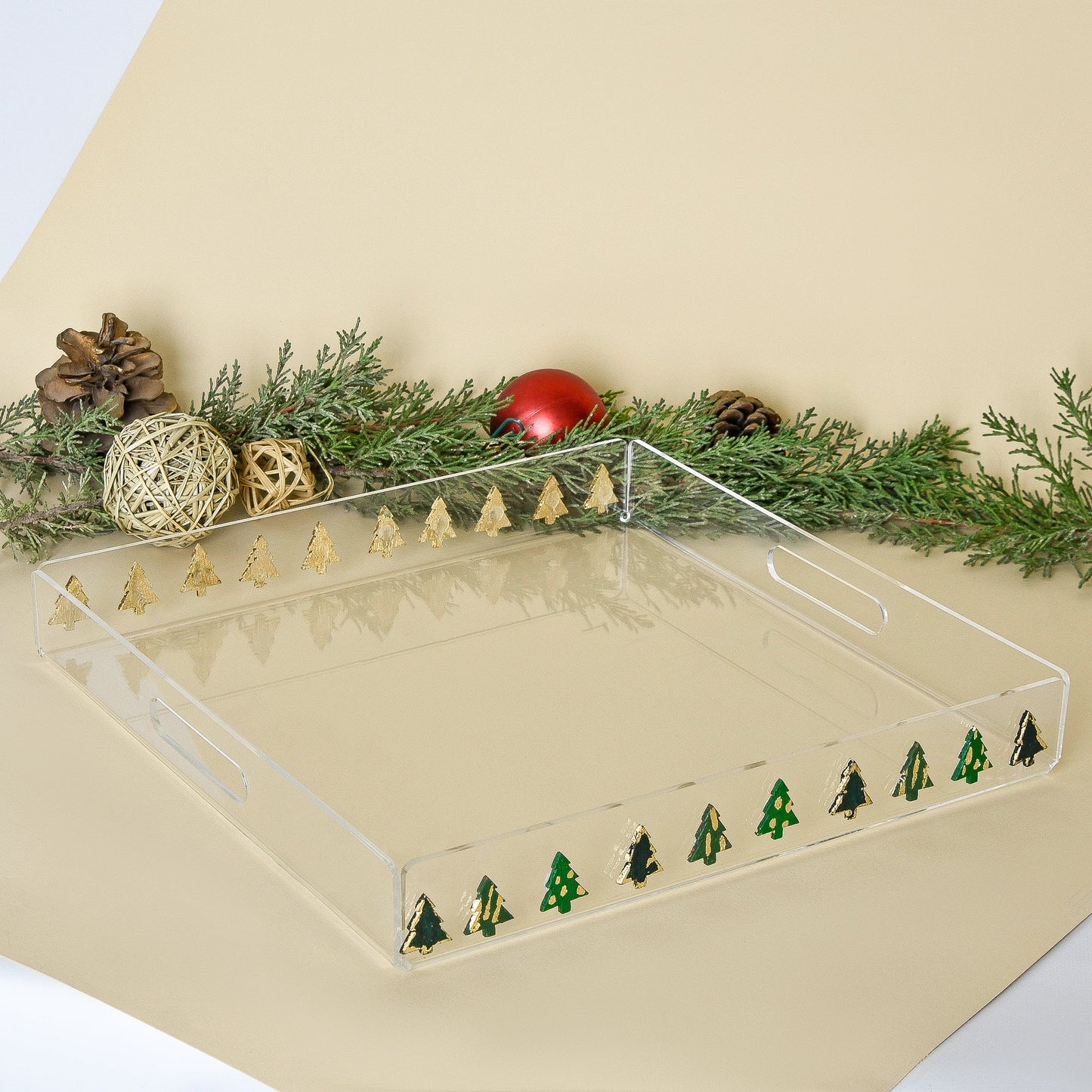 Evergreen Tree Accents with a Touch of Gold – Acrylic Tray