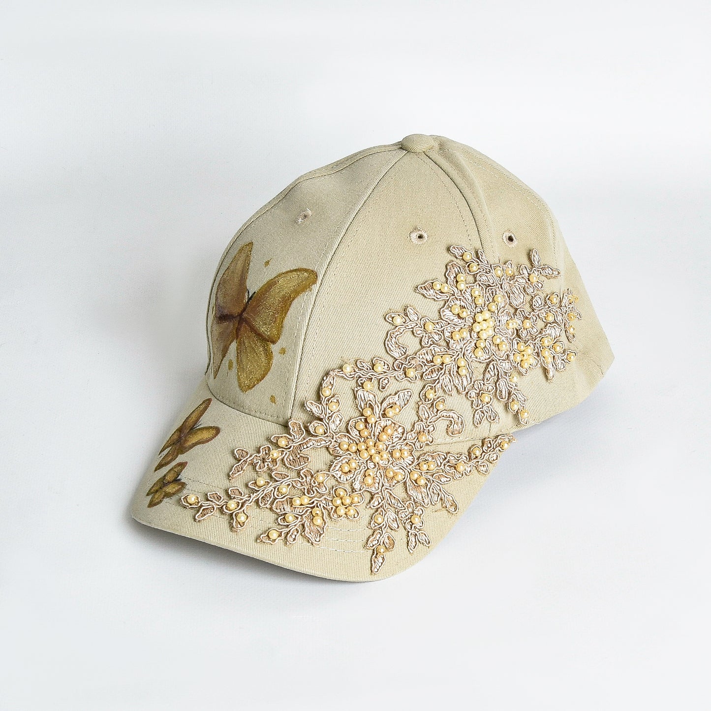Beige Lace and Painted Butterflies Beige Cap