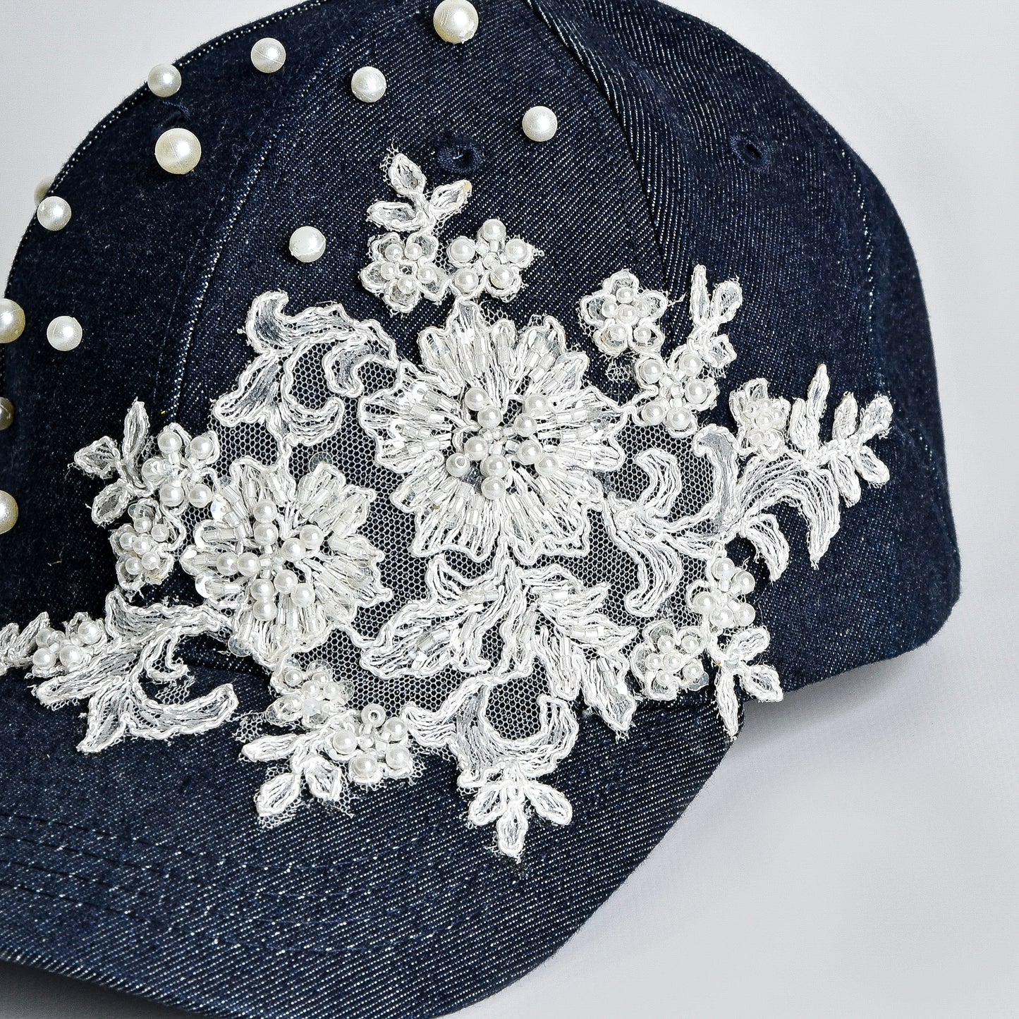 White Lace and Pearls Black Denim Cap
