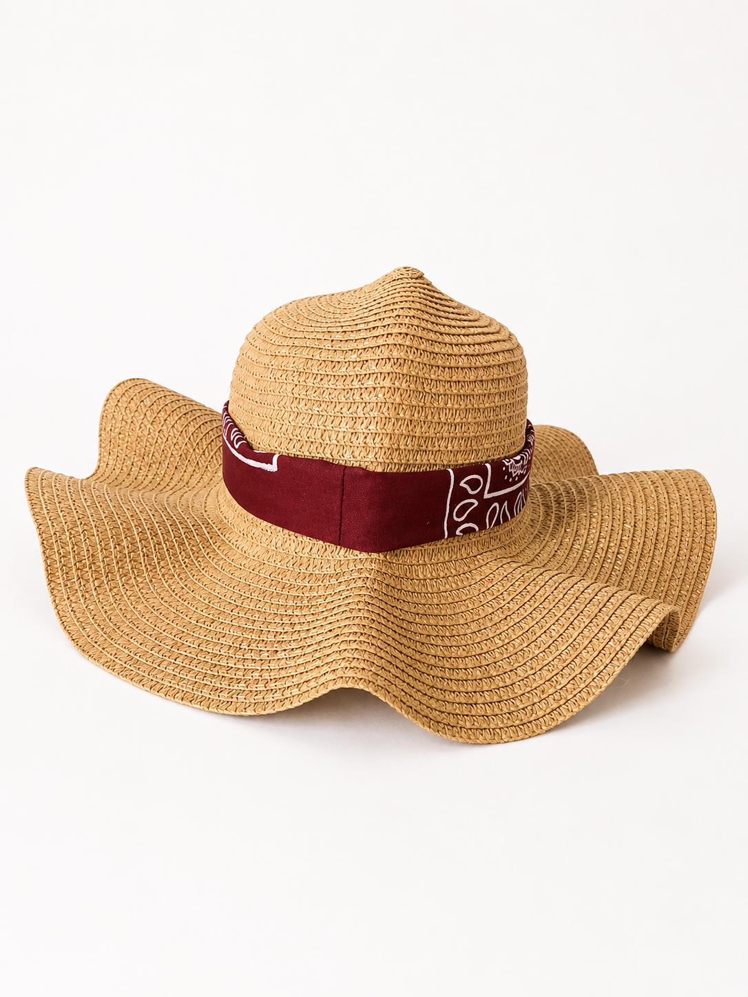 🤎 Handmade Summer Straw Hat – Burgundy Bandana Bow