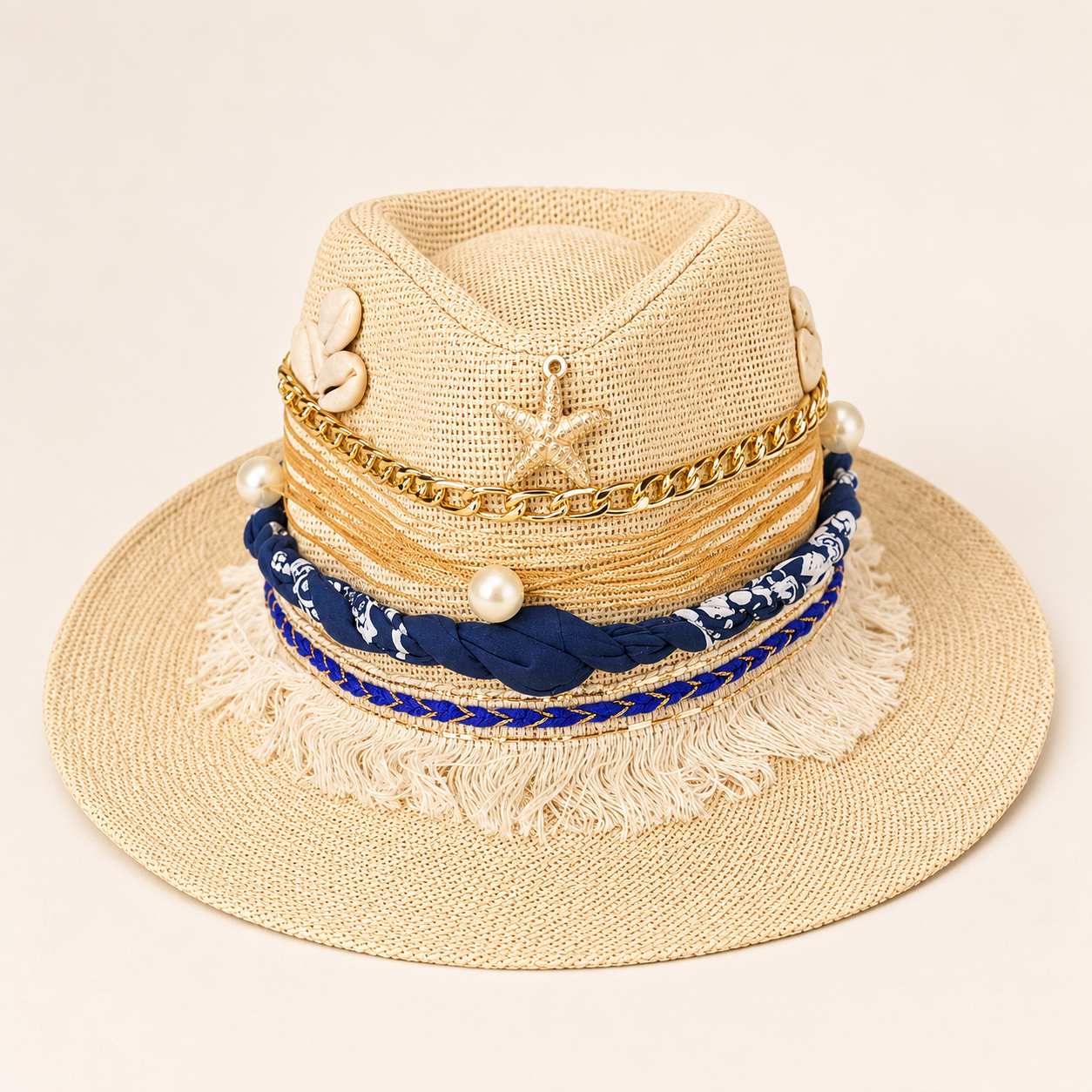 🤍💙 Handmade Straw Hat – Coastal Pearls & Starfish
