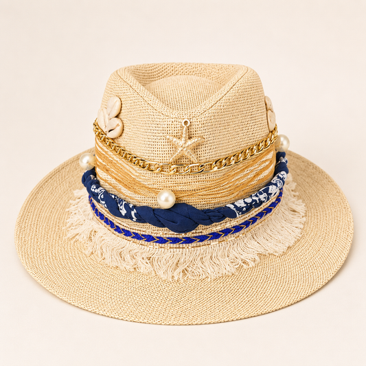 🤍💙 Handmade Straw Hat – Coastal Pearls & Starfish