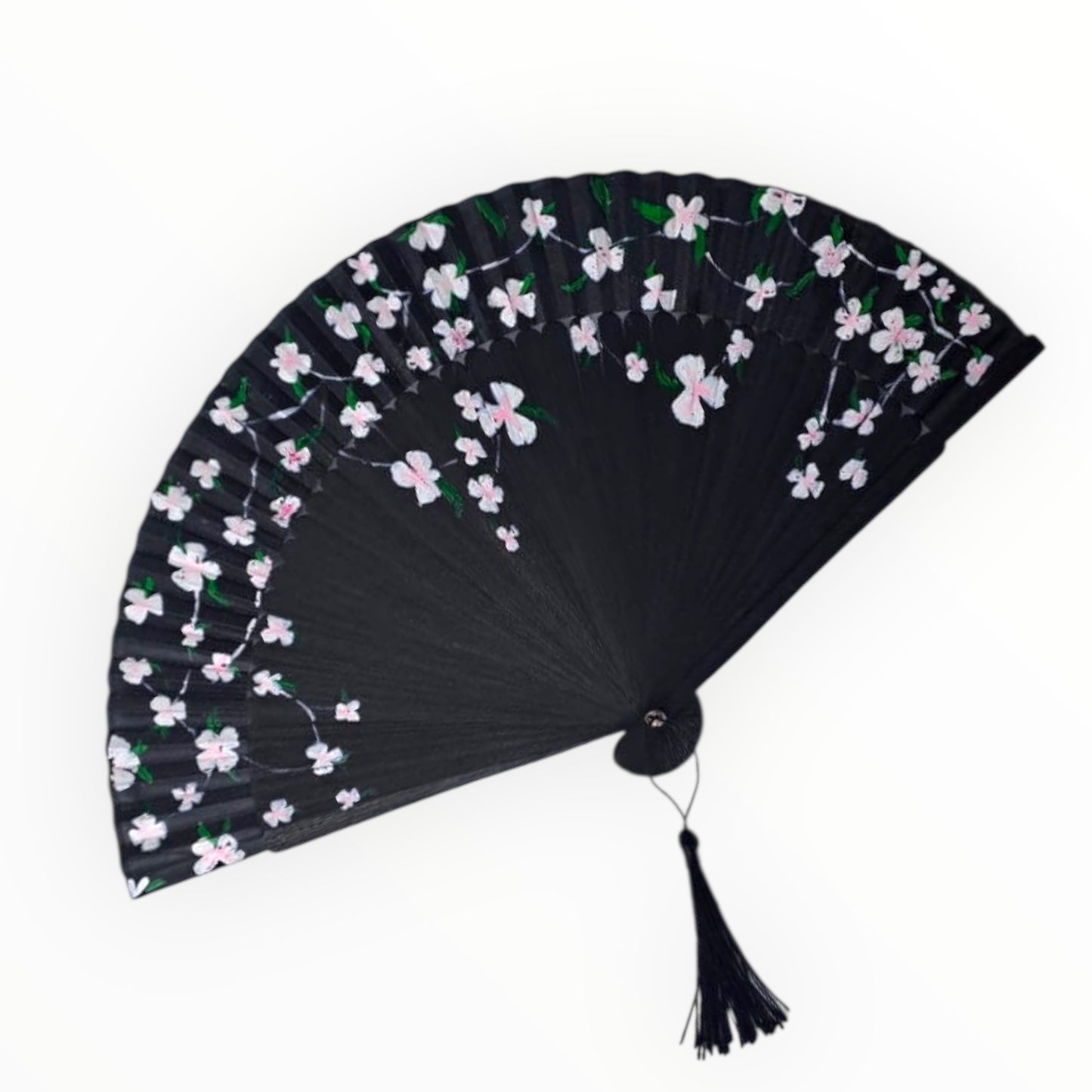 Hand-Painted Folding Fan - Pink Blossoms on Black