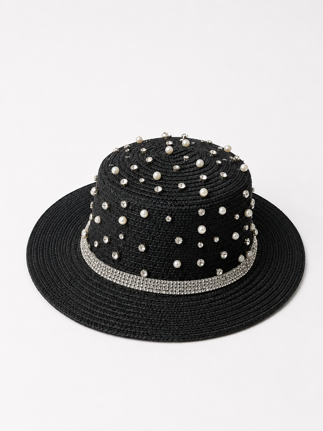🖤 Handmade Black Straw Hat – Pearls & Crystal Embellishments
