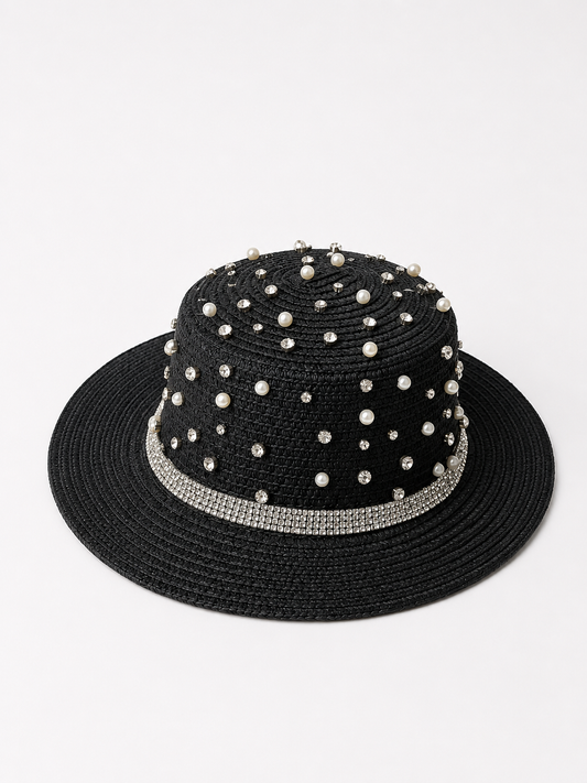 🖤 Handmade Black Straw Hat – Pearls & Crystal Embellishments