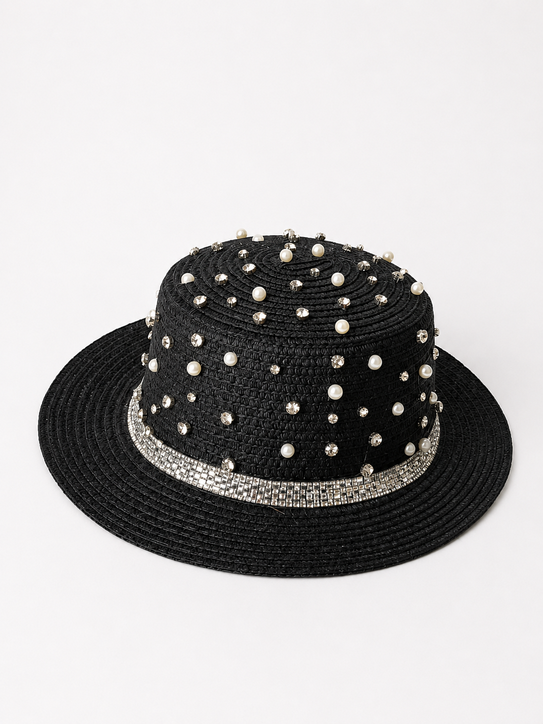 🖤 Handmade Black Straw Hat – Pearls & Crystal Embellishments