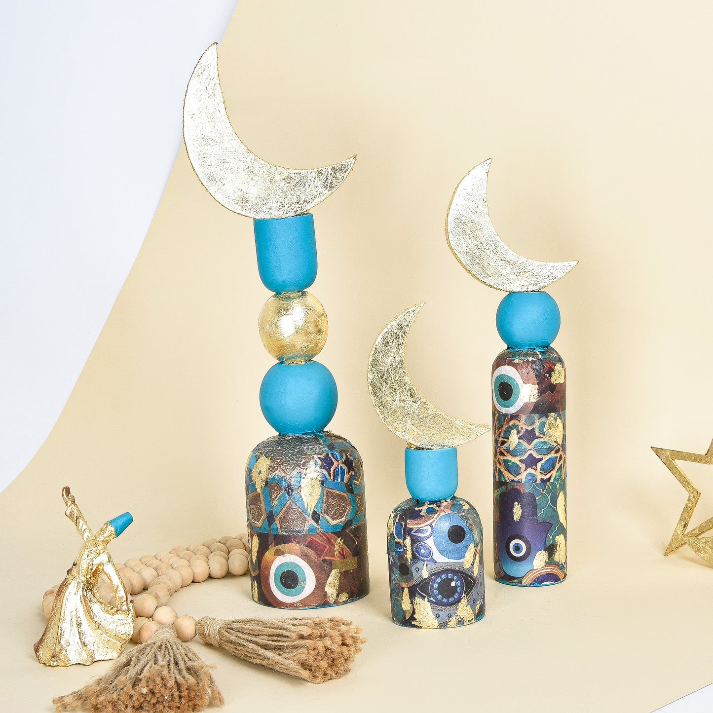 Turquoise Wooden Crescent with Gold Nazar Embellishment – Set of Three
