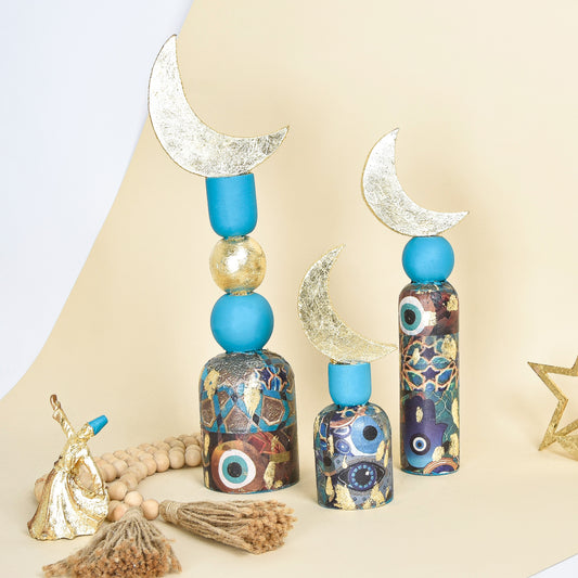 Turquoise Wooden Crescent with Gold Nazar Embellishment – Set of Three