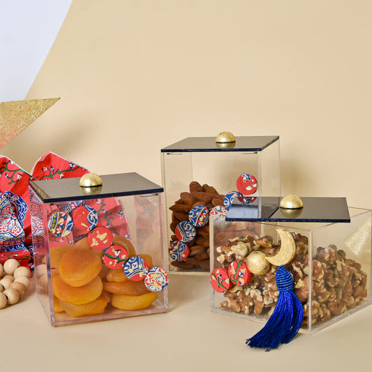 Egyptian Khayamiah Beaded Crescent with Gold Leaf – Acrylic Boxes set of 3