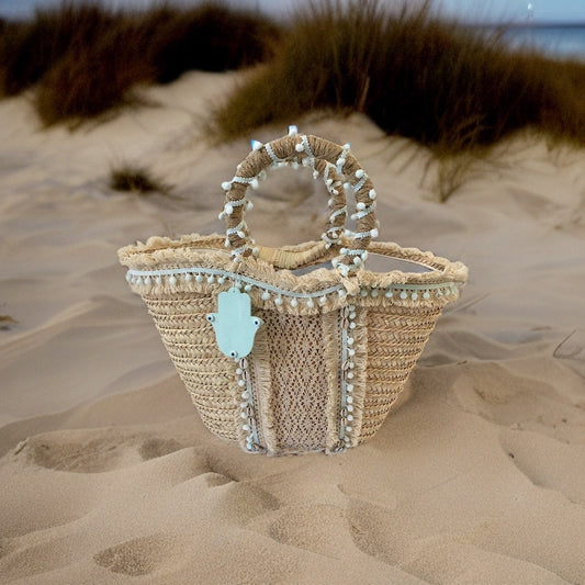 Baby Blue Pompoms and Crochet Handmade Beach Bag