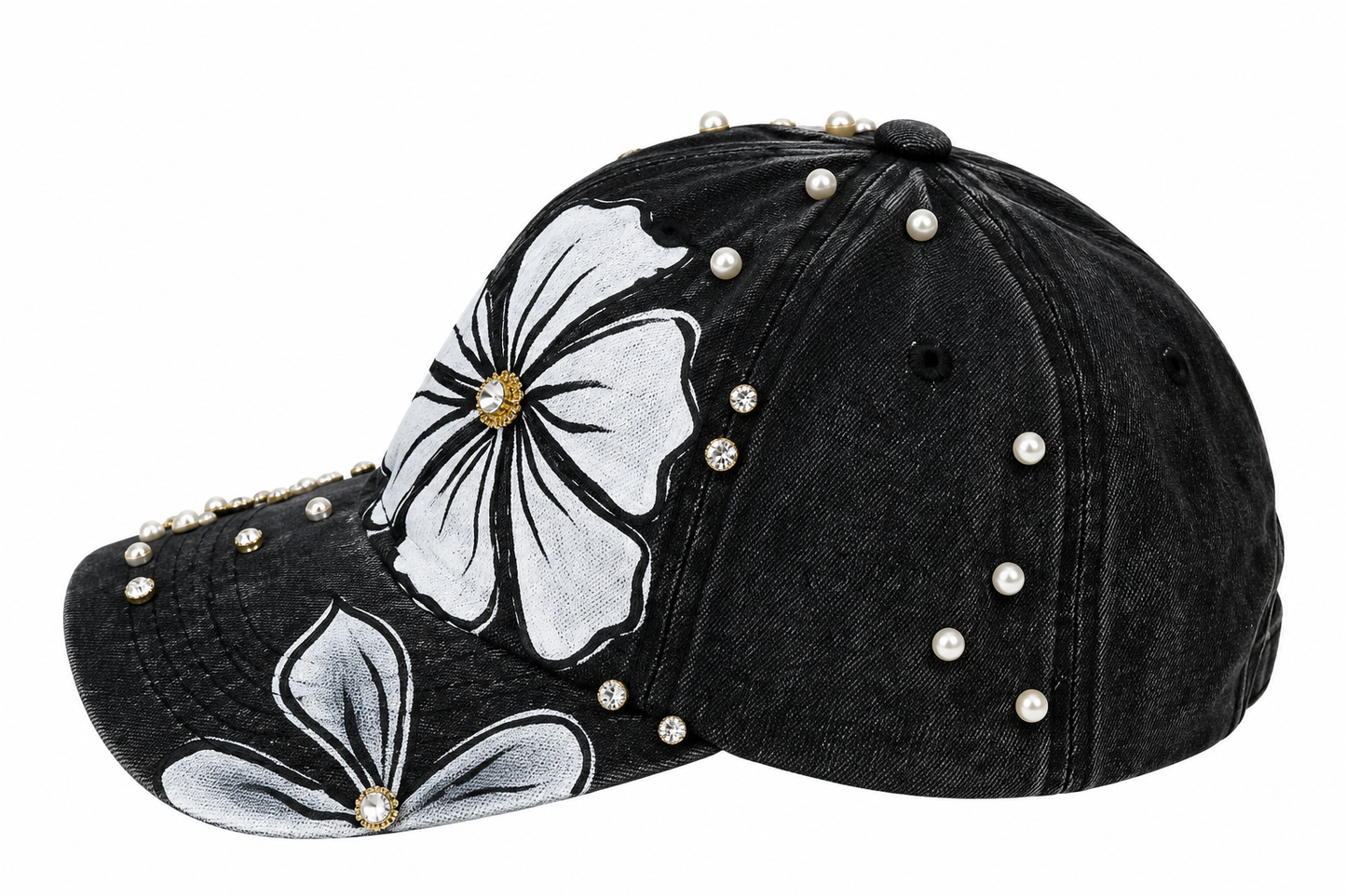 🖤🤍 Handmade Black Cap – White Florals & Pearls