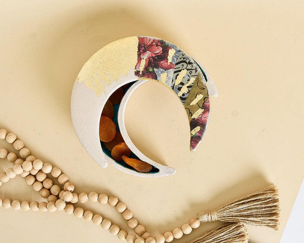 Off White & Gold Embellished Crescent Container
