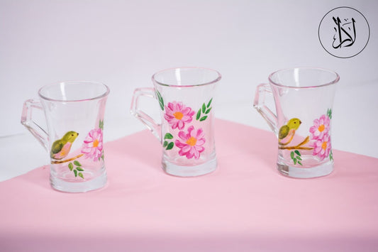 Bird & Flower Pink Blooms – Tea Cups with Handles (Set of 6)
