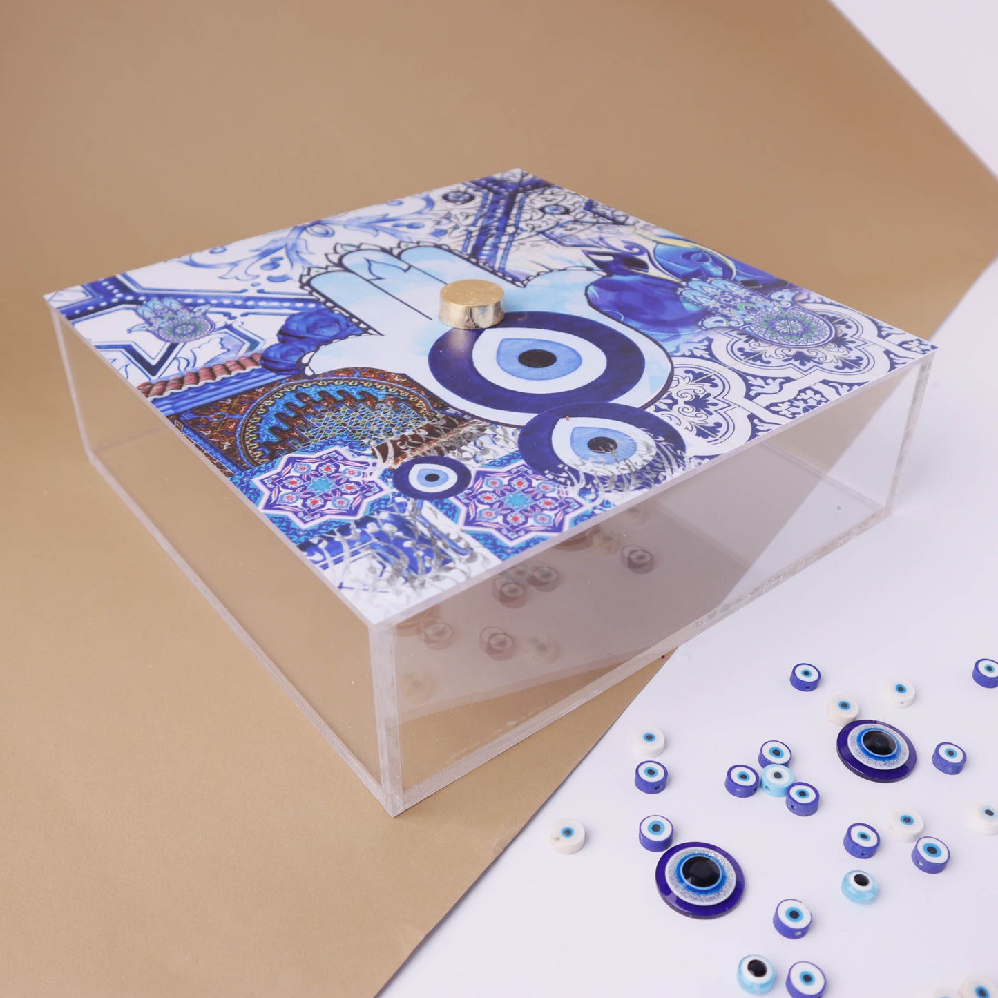Blue Fatima Hands & Eyes Plexi Box 25X25CM