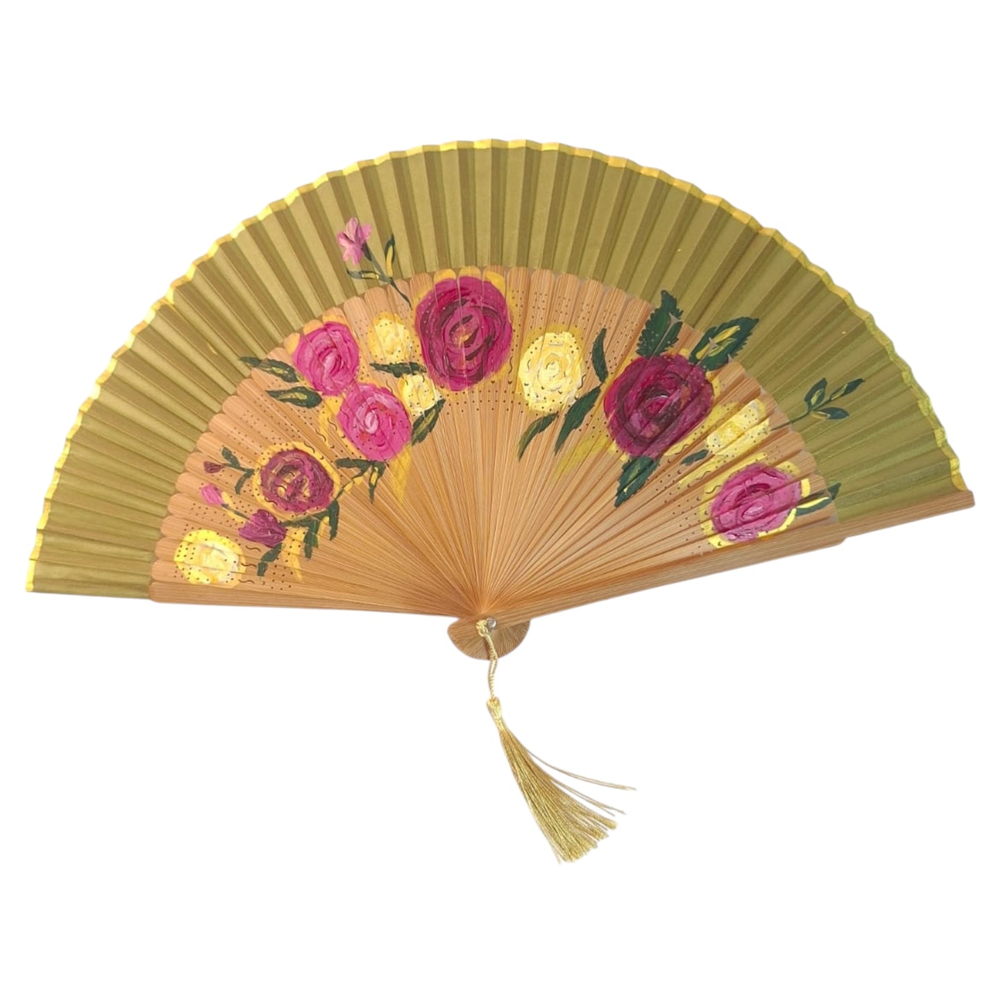 🌹 Hand-Painted Fan – Golden Roses & Peonies