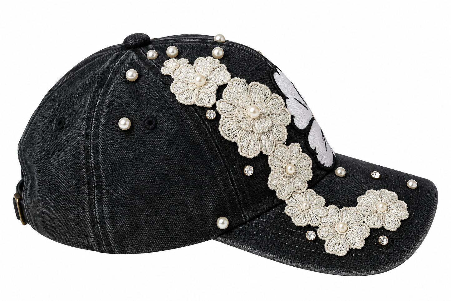 🖤🤍 Handmade Black Cap – White Florals & Pearls