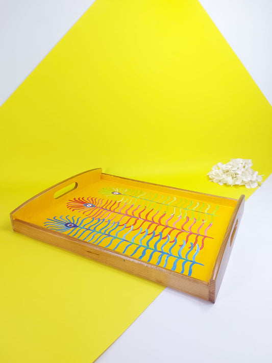 Three Feathers Hand-Painted Wooden Tray - Yellow