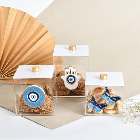 Blue Embossed Eyes, Fatima Hands and Butterflies Handmade Plexi Boxes Set of 3.