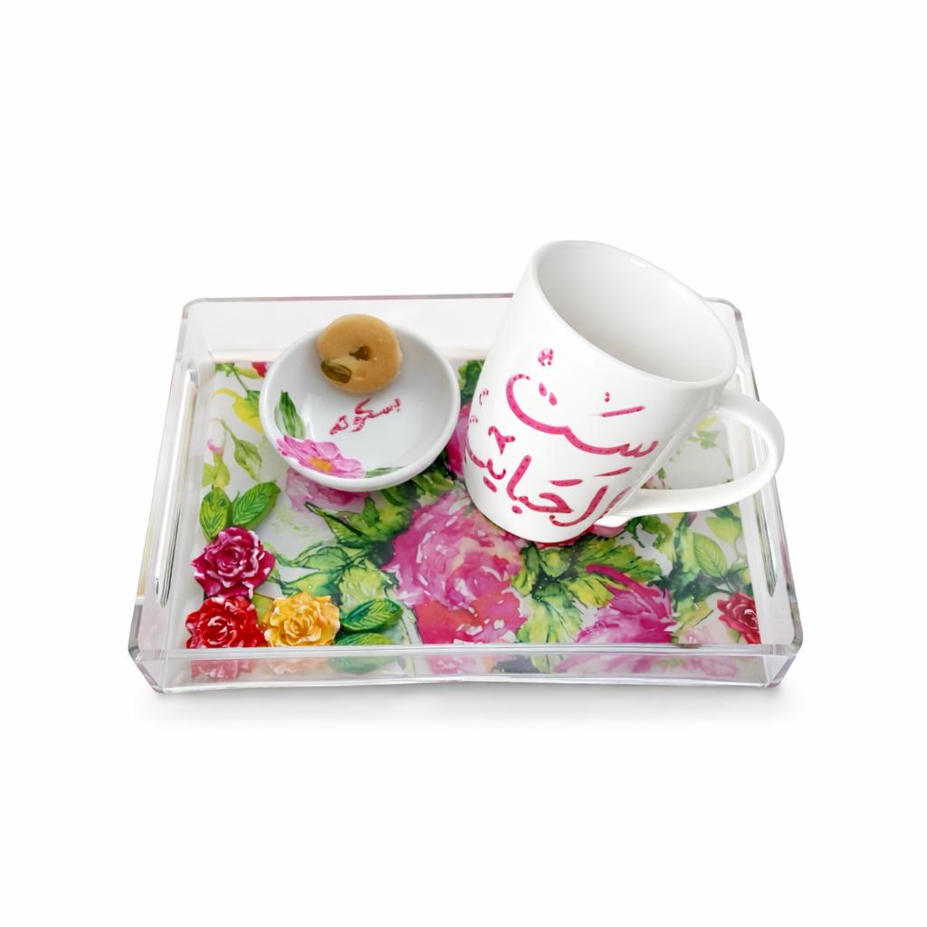 Rose Garden – Hand-Painted Mug Gift Set with Plexi Tray (Set El Habayeb)