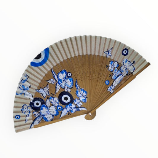 Hand-Painted Folding Fan - Blue Evil Eye & Flowers
