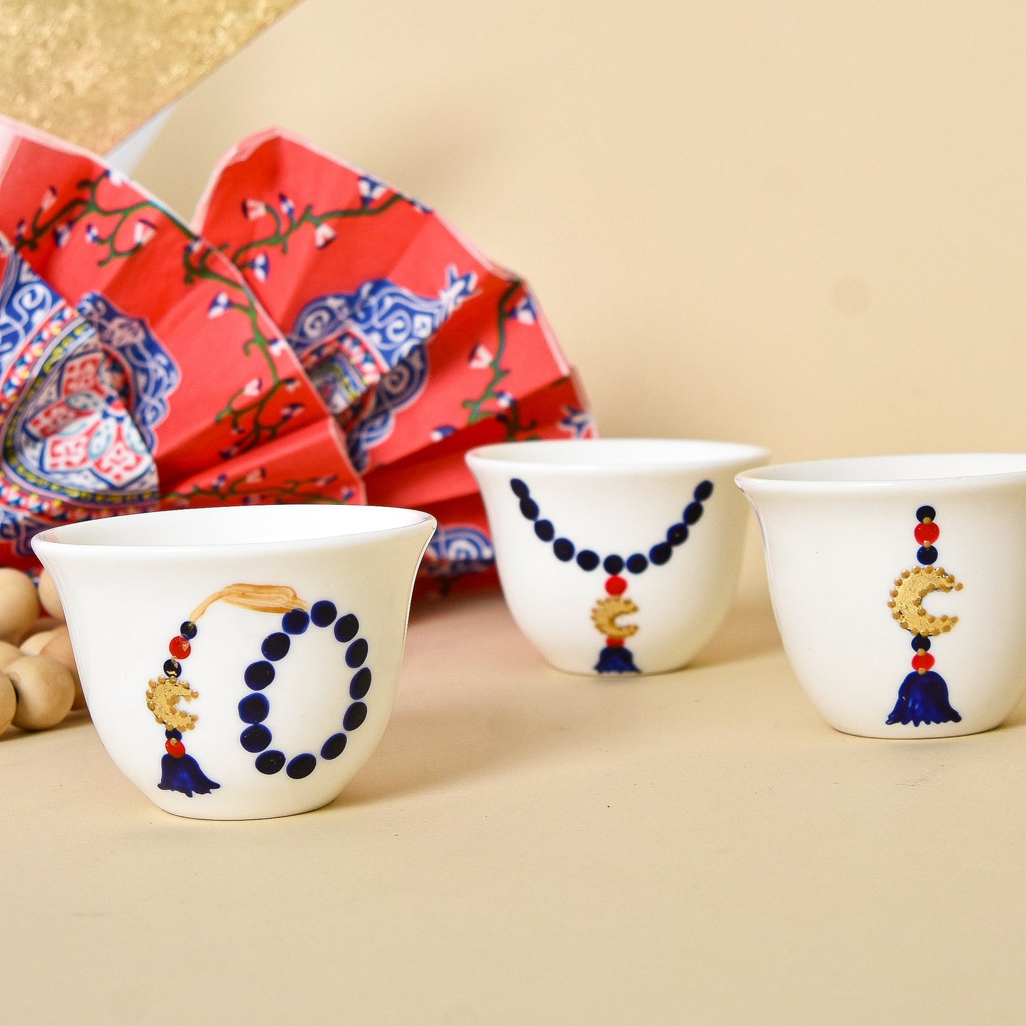 Egyptian Khayamiah Beaded Crescent with Gold Leaf – Arabic Coffee Cups Set of Six