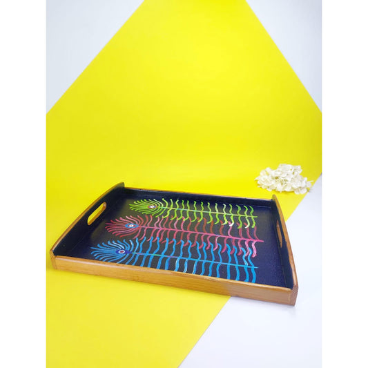 Three Feathers Hand-Painted Wooden Tray - Teal