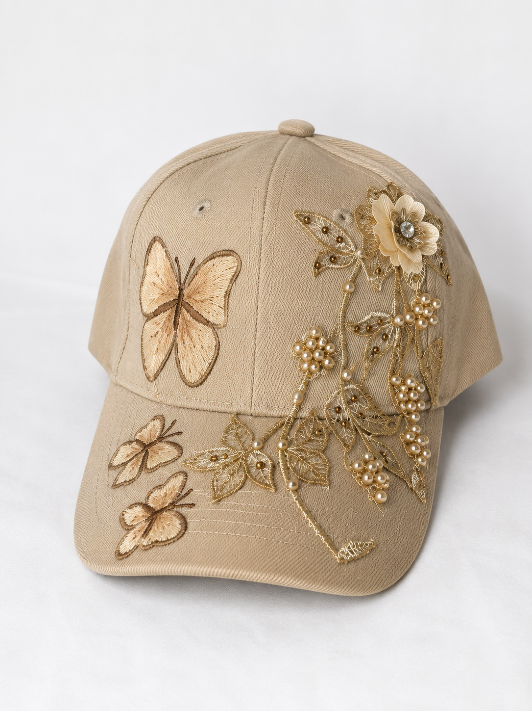 Beige Lace and Painted Butterflies Beige Cap