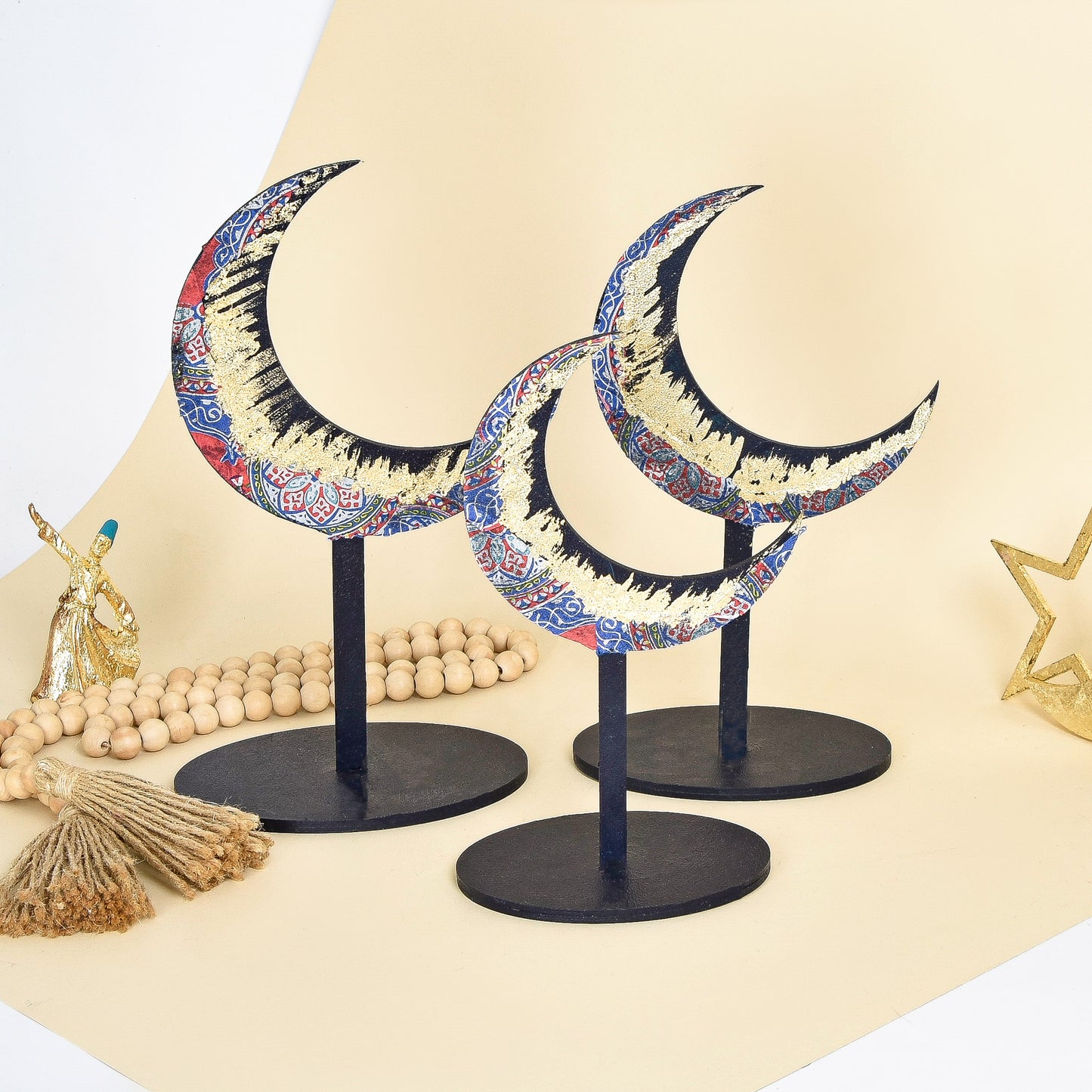 Dark Blue & Gold Wooden Crescent – Set of Three