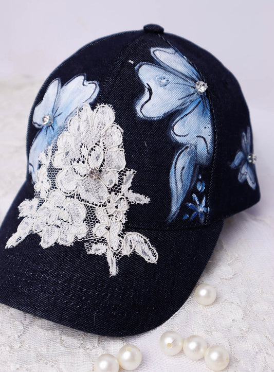 Denim & Lace Cap with Rhinestones