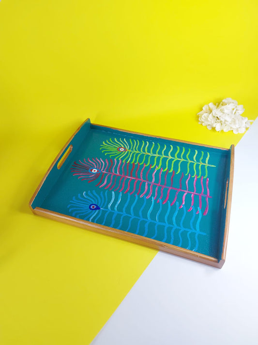 Three Feathers Hand-Painted Wooden Tray - Blue