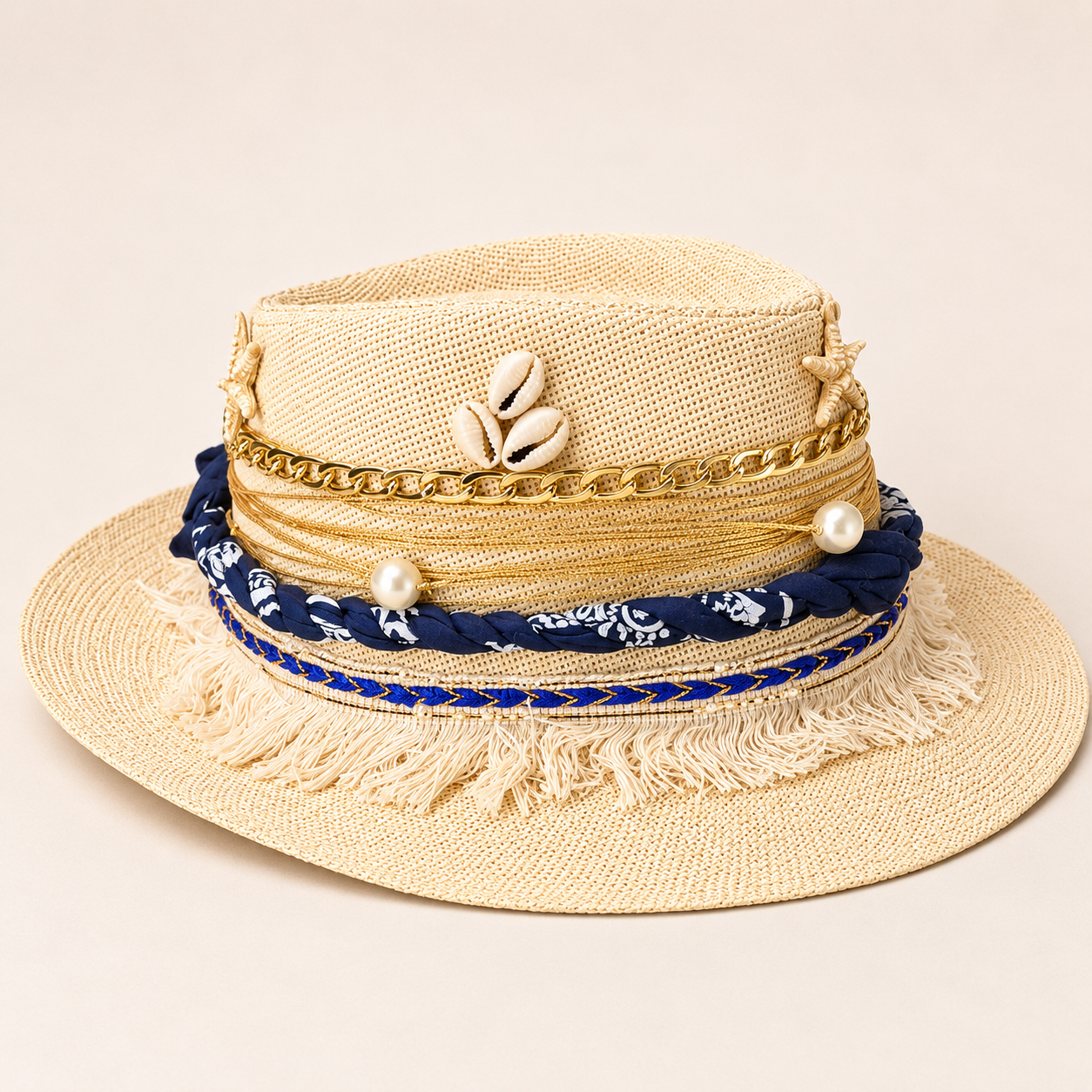 🤍💙 Handmade Straw Hat – Coastal Pearls & Starfish