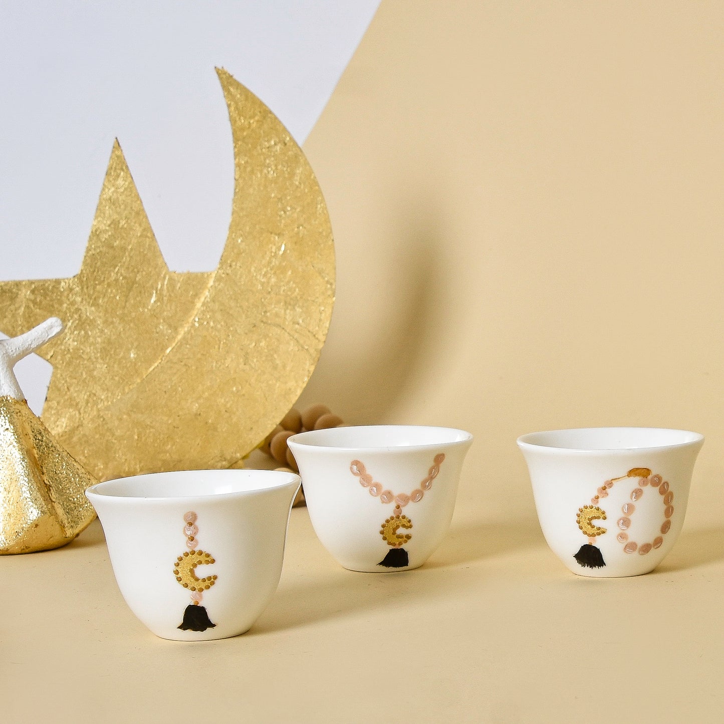 Amber Beaded Crescent with Gold Leaf – Arabic Coffee Cups Set of Six