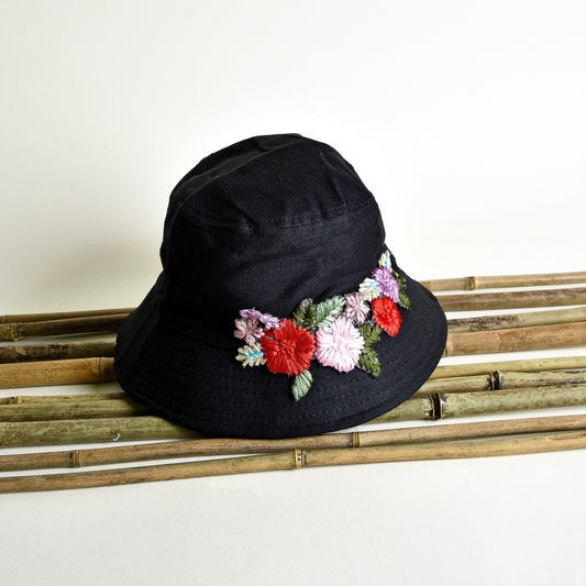 Black Denim with Pink and Red Embroidery Hat