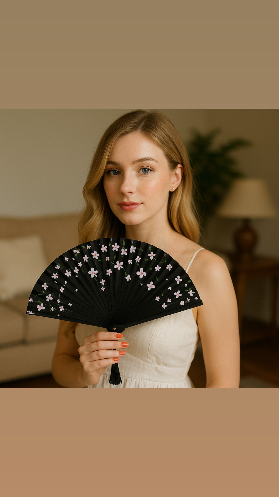 Hand-Painted Folding Fan - Pink Blossoms on Black