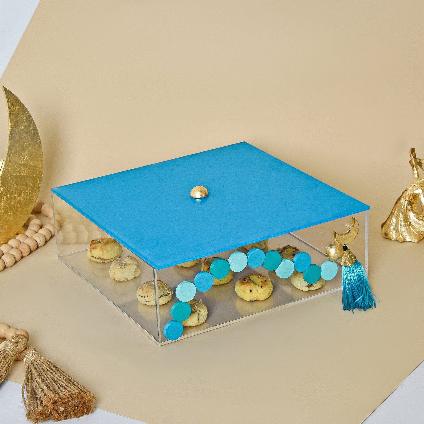 Blue Beaded Crescent with Gold Leaf – Acrylic Square Box
