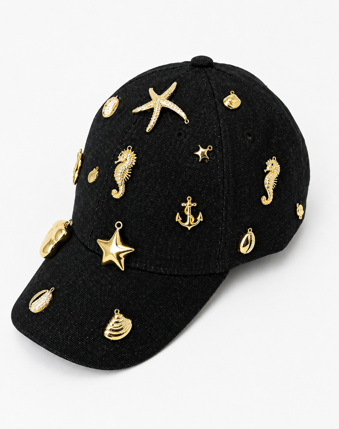 🖤 Handmade Black Cap – Golden Sea Life Charms