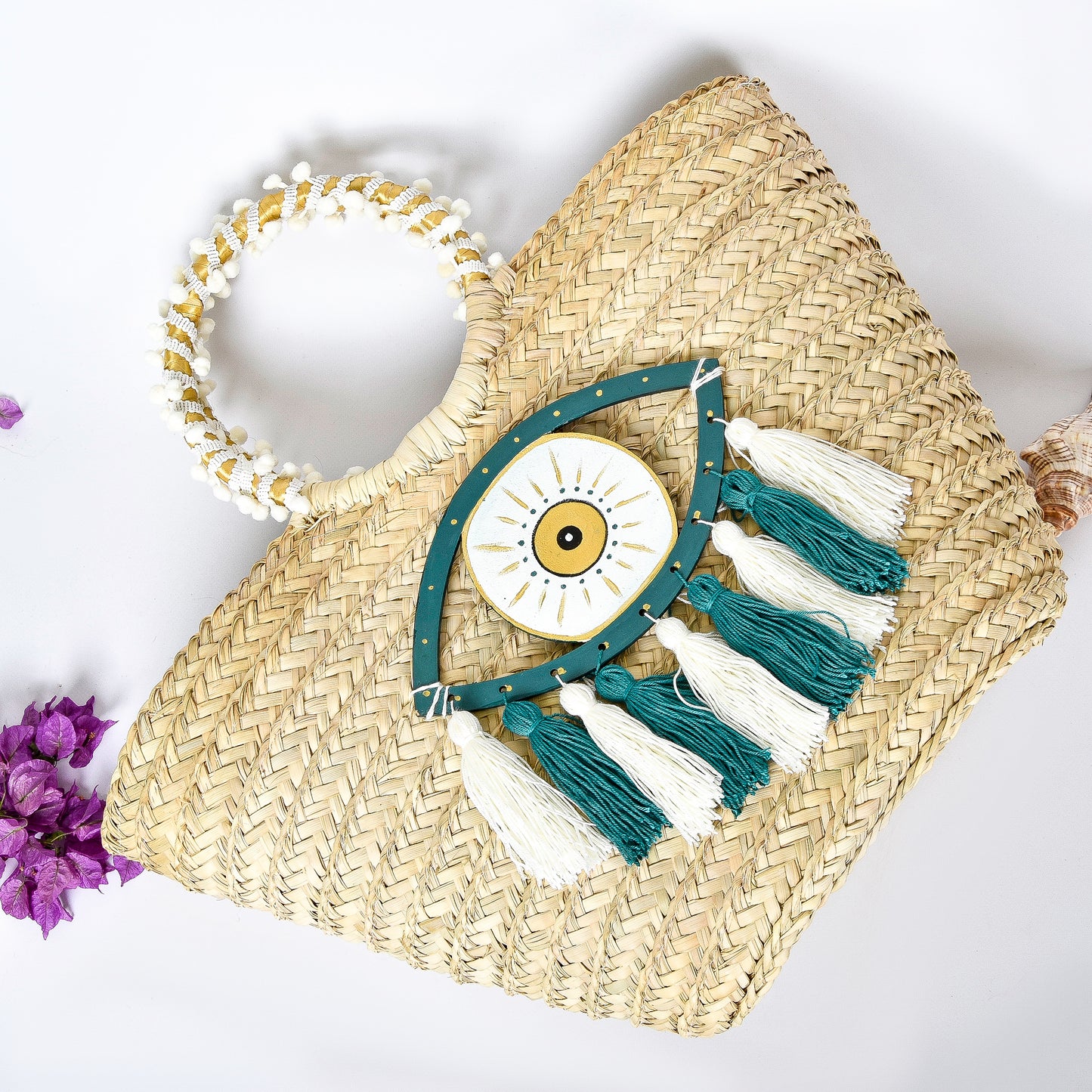 Straw Embellished Beach Bag with Teal Eye