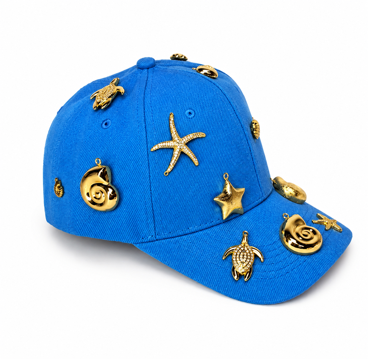 💙 Handmade Blue Cap – Golden Sea Life Charms