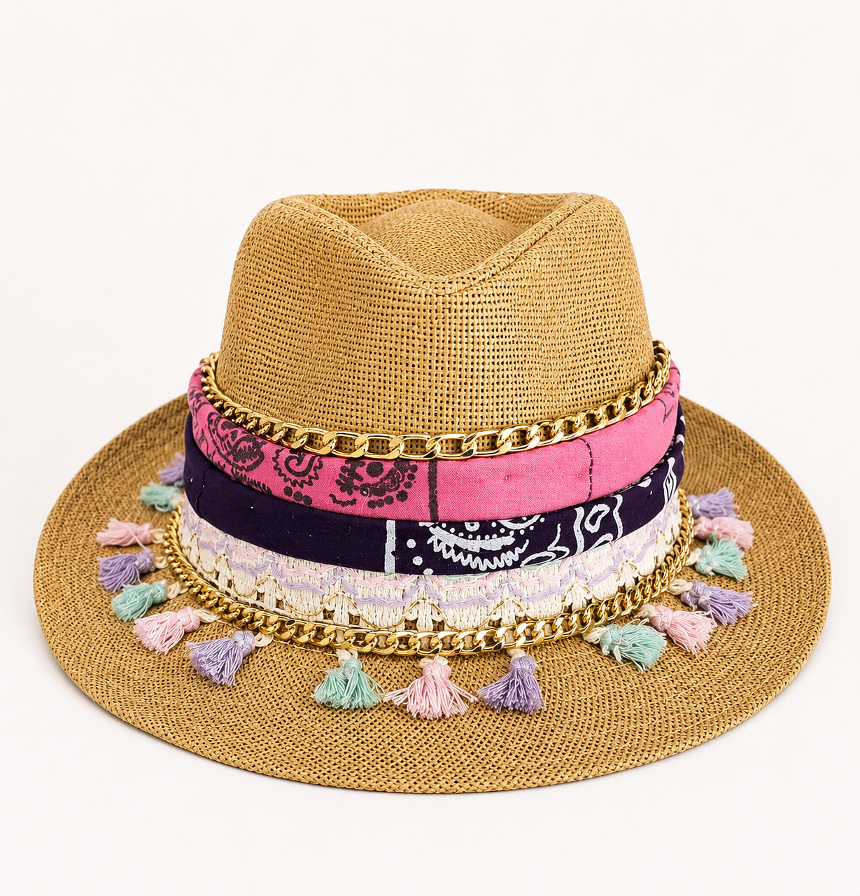 👒 Handmade Straw Hat – Pink Bandana & Pastel Tassels