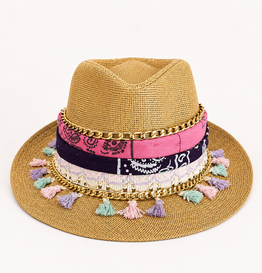 👒 Handmade Straw Hat – Pink Bandana & Pastel Tassels