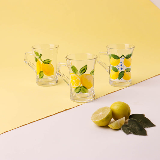 Fresh Lemons with Blue Tea Cups With Handles Set of Six