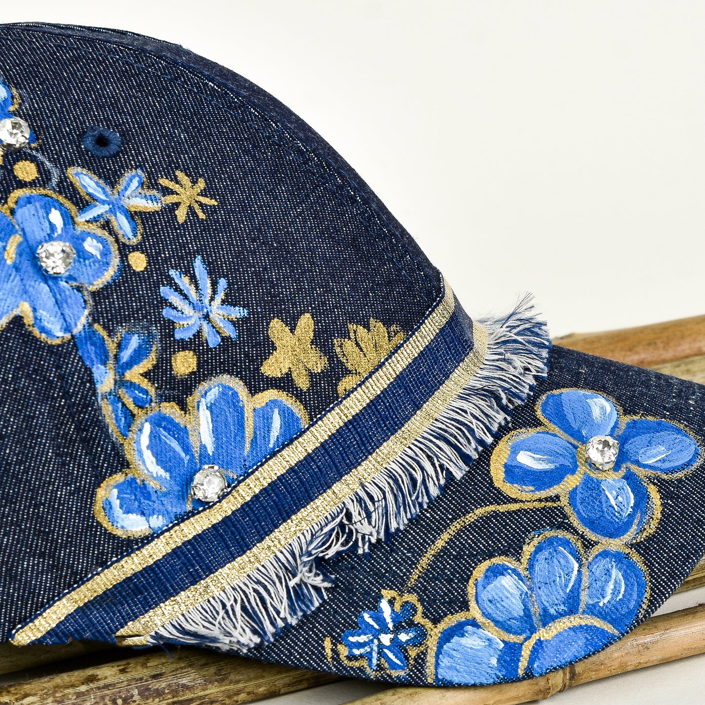 Denim Hand Painted Cap With Gold Fringes & Rhinestones