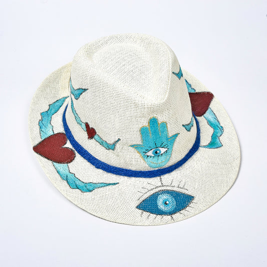 Medium with Turquoise Fatima Hand & Eye & Winged Heart White Hat