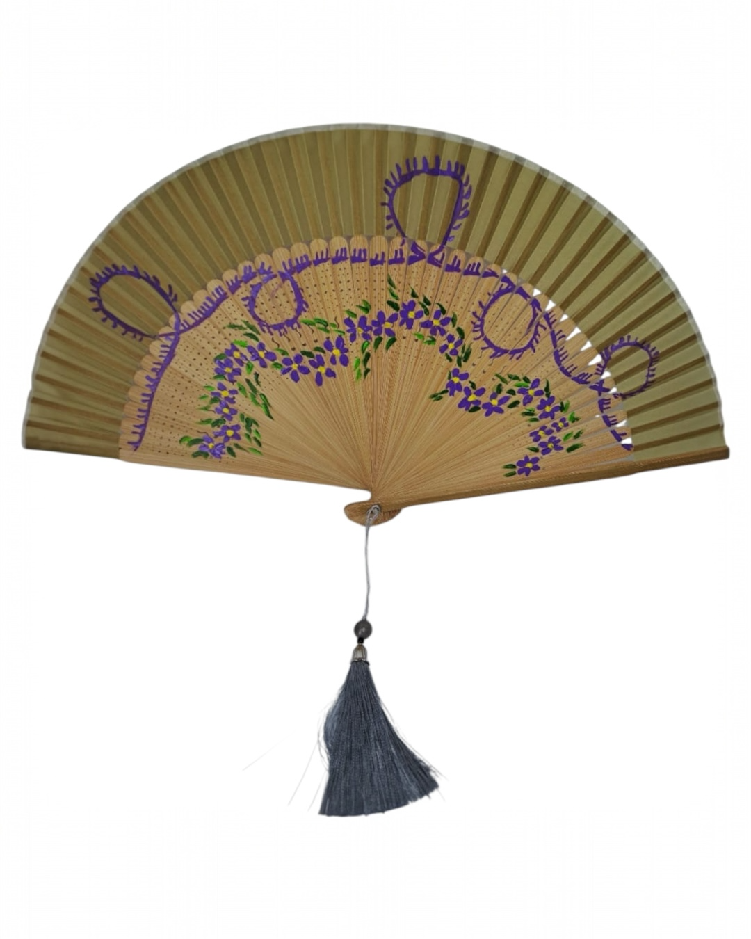 💜 Hand-Painted Folding Fan – Lavender Garland