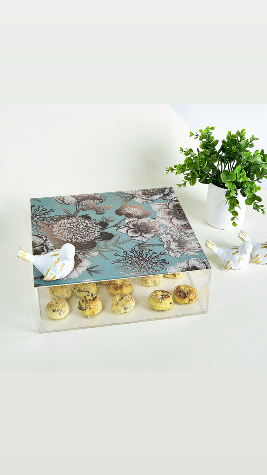 Bird & Flower Gold Accents – Acrylic Square Box (25x25 cm)