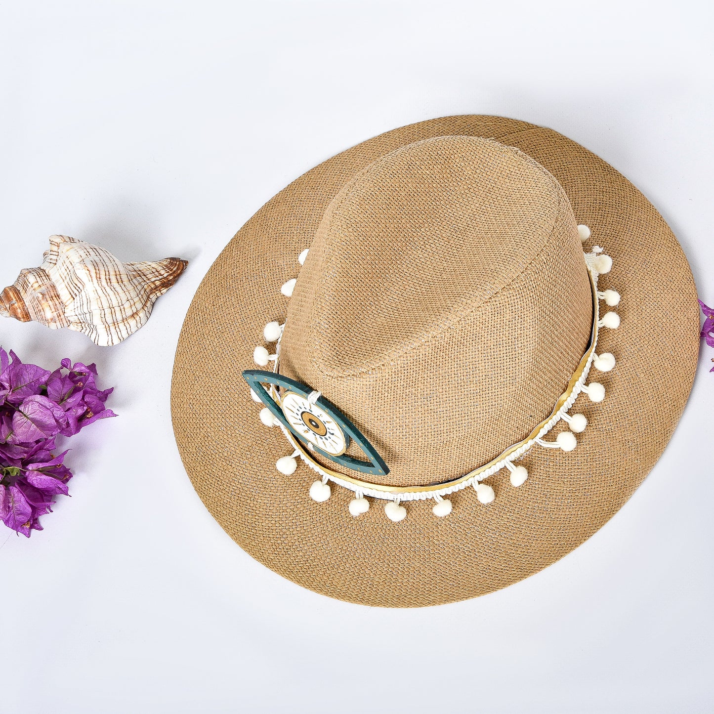 Beige Embellished Hat with Teal Eye